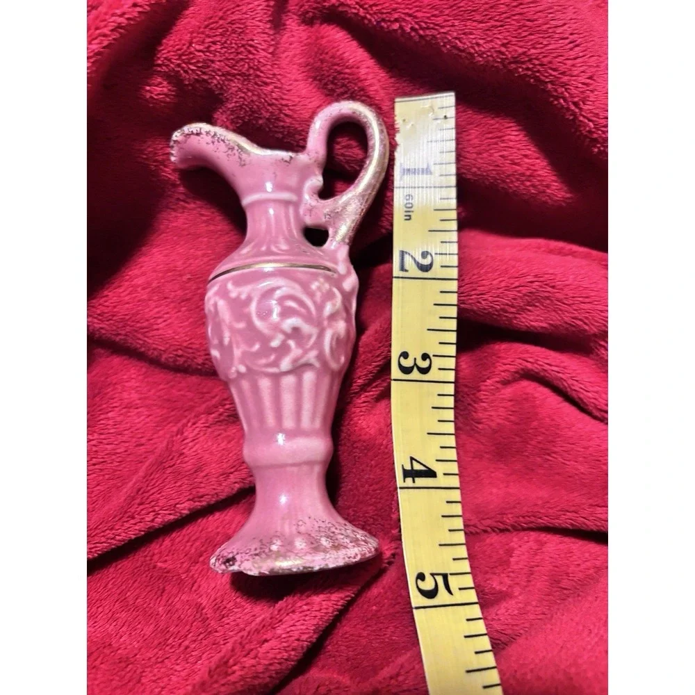 VTG Rose Pink Ceramic Ewer Vase Embossed Scroll Work Gold Trim 4.5